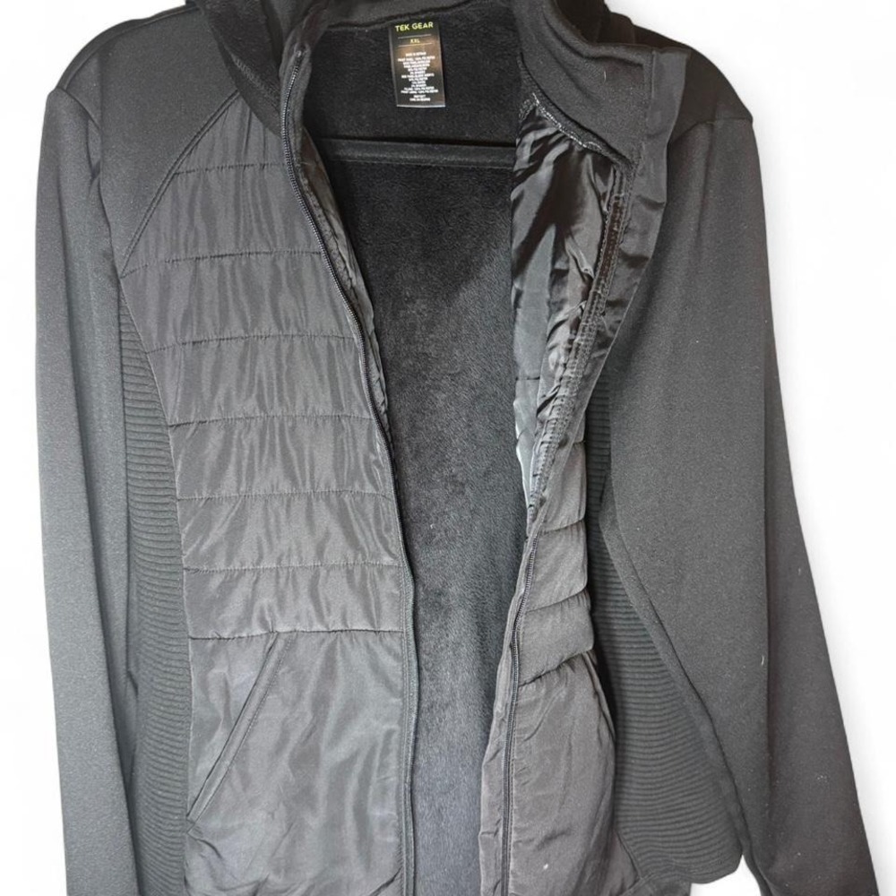 Tek Gear Womens XXL Black Mixed Media Quilted Fleece Lined Hooded Jacket Zip Up